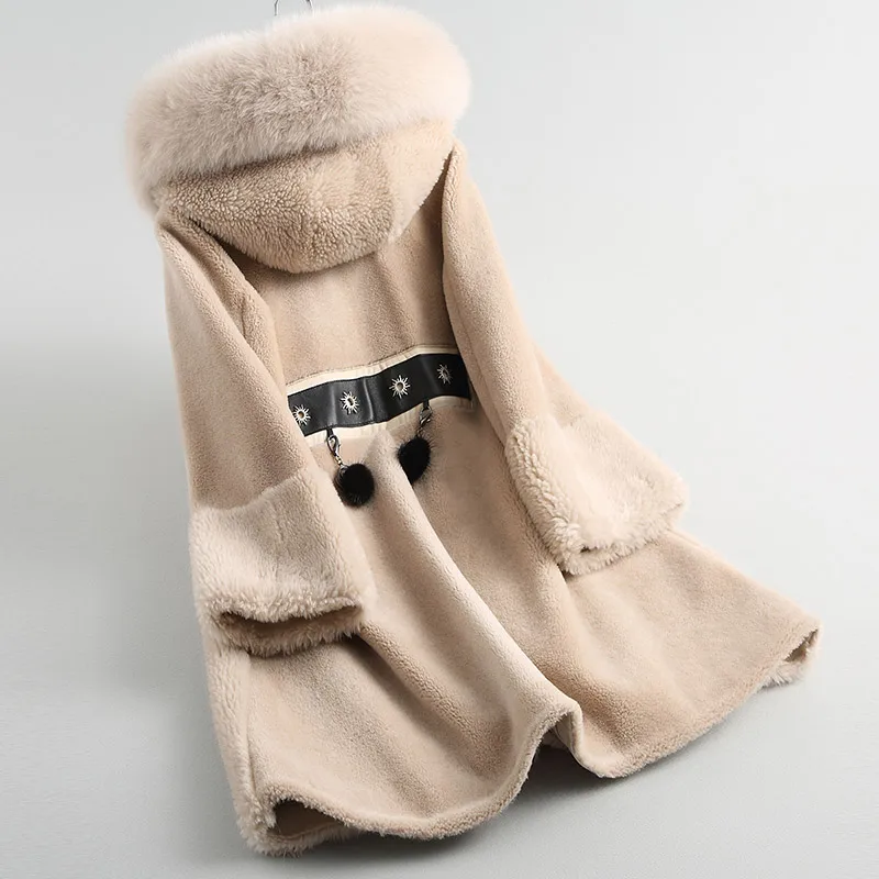 Capuchon Manteaux Laine À Fourrure Wyq1916 Femmes Manteau De Femme 2018 Camel Ayunsue Long Veste Naturel Tonte 18084 Des Moutons Réel Light Hiver Renard fI6gvYbm7y