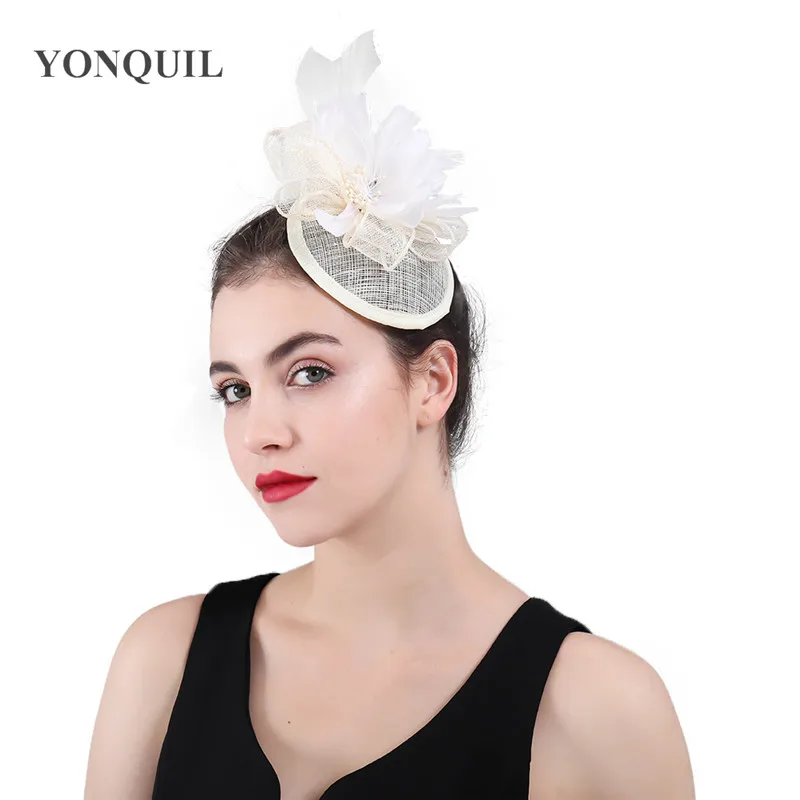 

ivory sinamay base fascinators with feather flower core pink wedding party hair accessories red cocktail hats New arrival SYF359