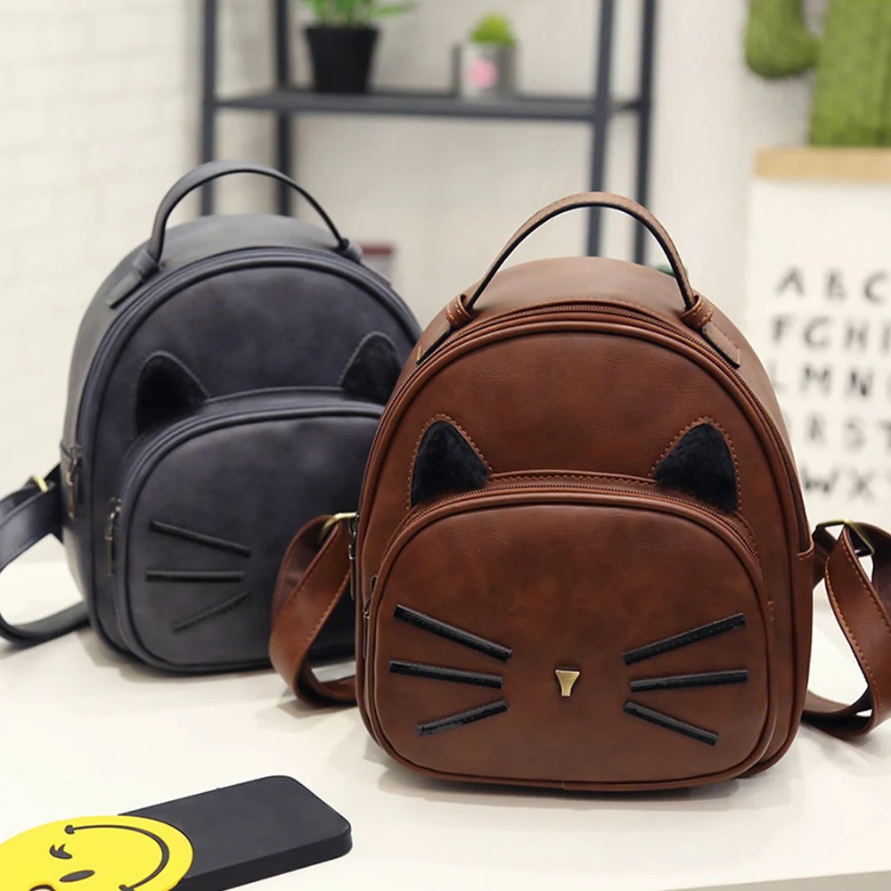

Kawaii Cute Cat Ear Vintage Small Animal Backpack Black Preppy Style School Backpacks For Teenage Girls College Casual Backpack