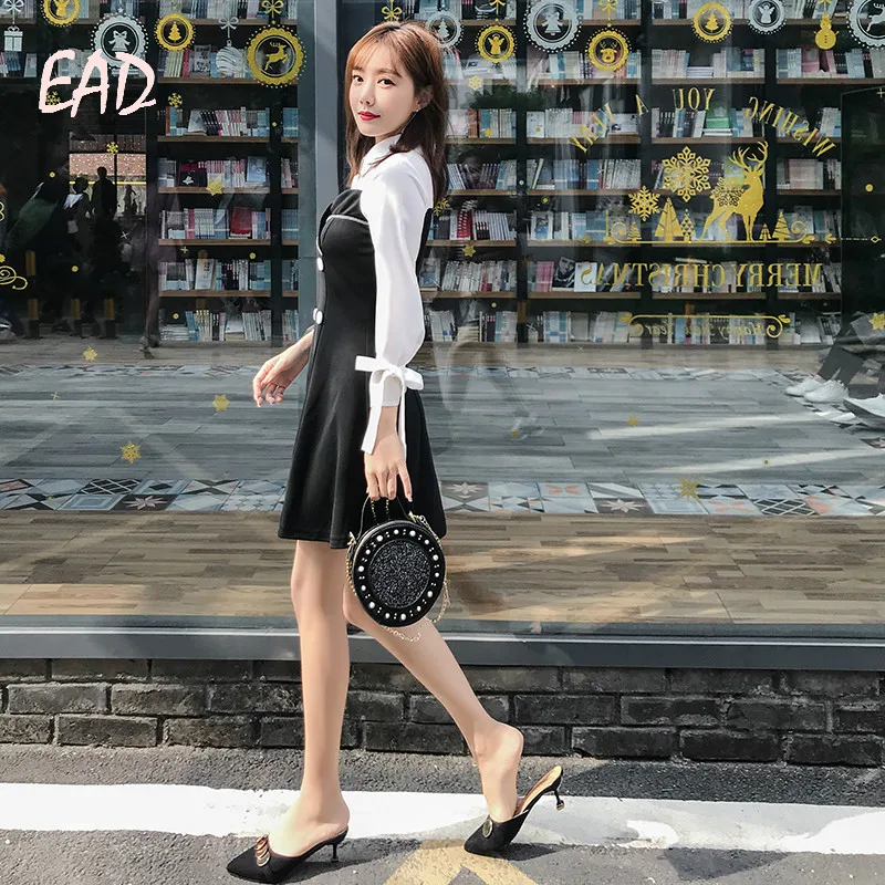 EAD Vintage Patchwork Balck and White Button Shirt Dress Women Spring Elegant Turn Down Collar Bow Sleeve Dresses Female Vestido EAD Vintage Patchwork Balck and White Button Shirt Dress Women Spring Elegant Turn Down Collar Bow Sleeve Dresses Female Vestido