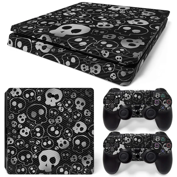 

many skulls with grey background skin sticker for PS4 slim console and two controller covers #TN-P4Slim-0151