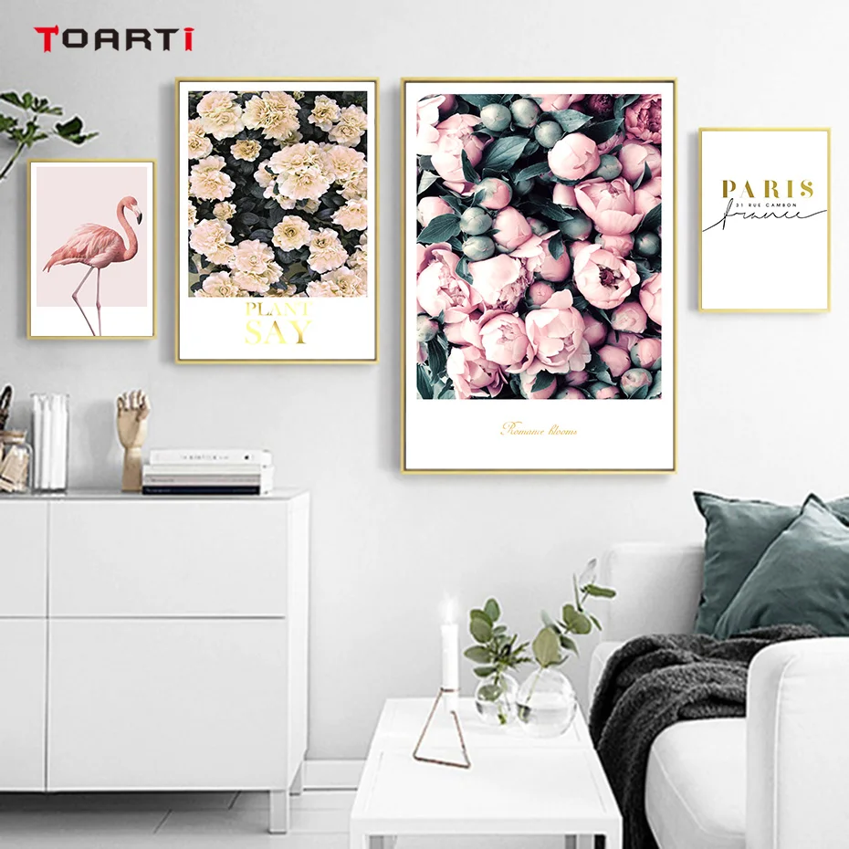 Modern Flowers Canvas Painting On The Wall Romantic Blooms Posters Prints Pink Flamingo Decorative Pictures For Living Room Home (1)