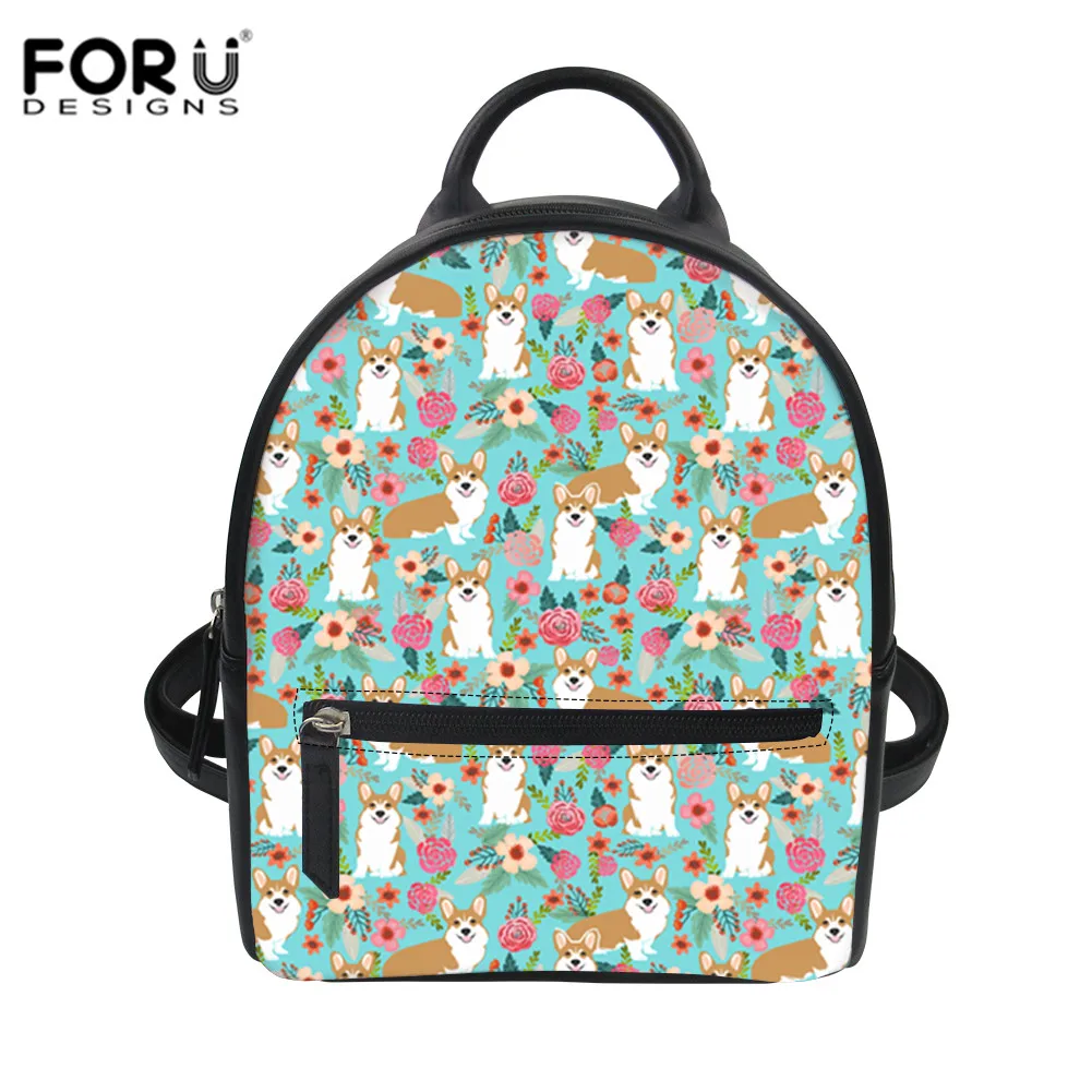 

FORUDESIGNS Ladies Waterproof PU Backpacks Corgi Pet Florals Printing Rucksack School Bags For Teenager Girls Women Shoulder Bag