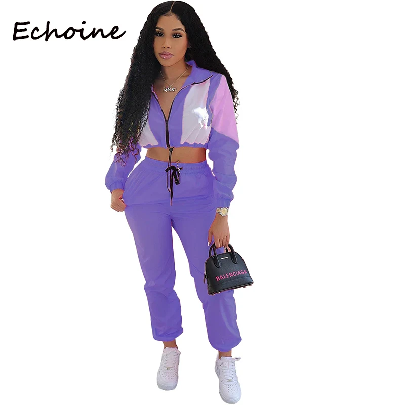 

Echoine Fashion 2 Piece Set Women Color Patchwork Long Sleeve Turn Down Collar Crop Top And Long Pants Sportwear Summer Outfits