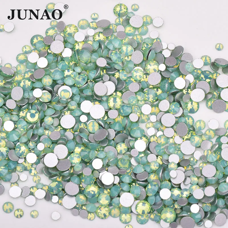 JUNAO ss6 ss8 ss10 ss16 Mix Size Opal Pink Crystal Glitter Round Rhinestones Glass Nail Art Stones Non Hotfix Strass for Dress C - Цвет: Opal Green