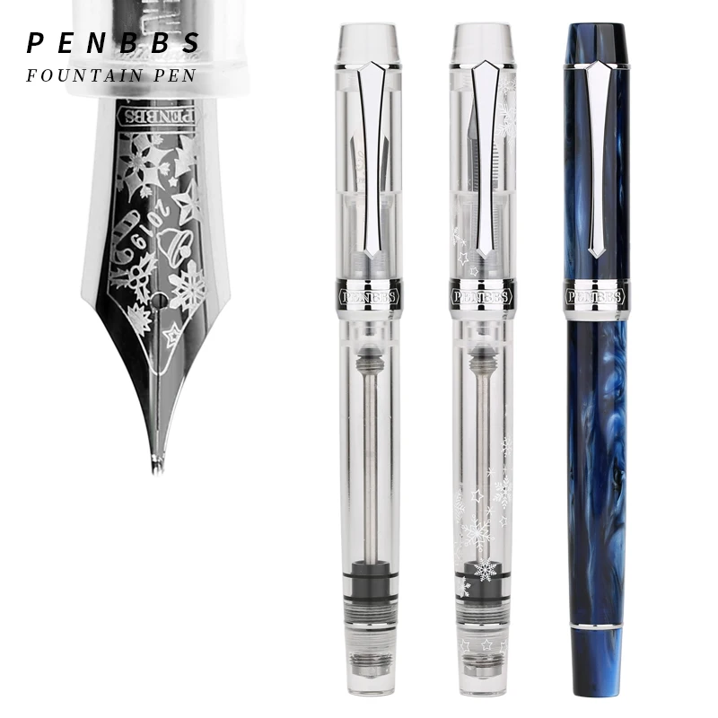 Penbbs 355 Acrylic Piston Fountain Pen Silver Clip Fine Nib Office Writing Pen 