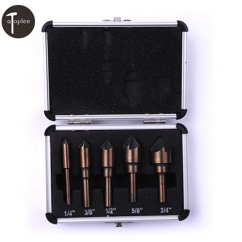5PCS 1/4" 3/8" 1/2" 5/8" 3/4" Countersink Drill Bit Set HSS 5 Flute