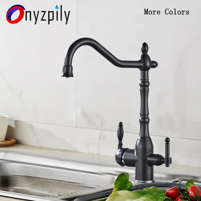 Onyzpily Gold/Silver/Brass Kitchen Pure Water Faucet 360 Rotation Deck Mounted Filter Two Outlet Water Modes Cold and Hot Mixer