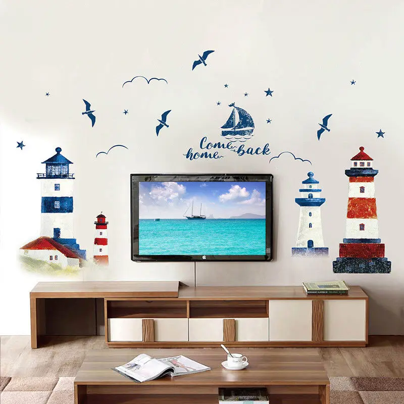 Морской парусник Маяк Наклейка на стену s ТВ диван настенная фоновая декоративная наклейка для дома, спальни, гостиной украшения настенные наклейки