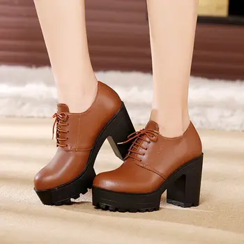 

Size 26-61 Women Genuine Leather Pumps Round Toe Lacing Shoes Platform Thick Heel Boots Women high-heeled Small Size 22 Shoes