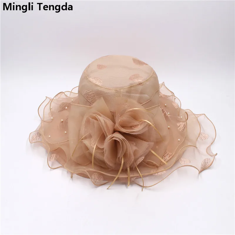 Mingli Tengda элегантная Свадебная шляпка из органзы с цветами и бисером головной убор для приемов шляпы для женщин элегантная женская шляпа - Цвет: Khaki