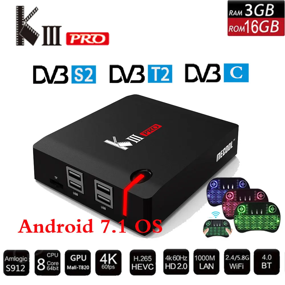 MECOOL KIII PRO DVB-S2 DVB-T2 DVB-C декодер Android 7,1 ТВ коробка 3 GB 16 GB K3 Pro Amlogic S912 Восьмиядерный 64bit 4 K Combo Set top Box