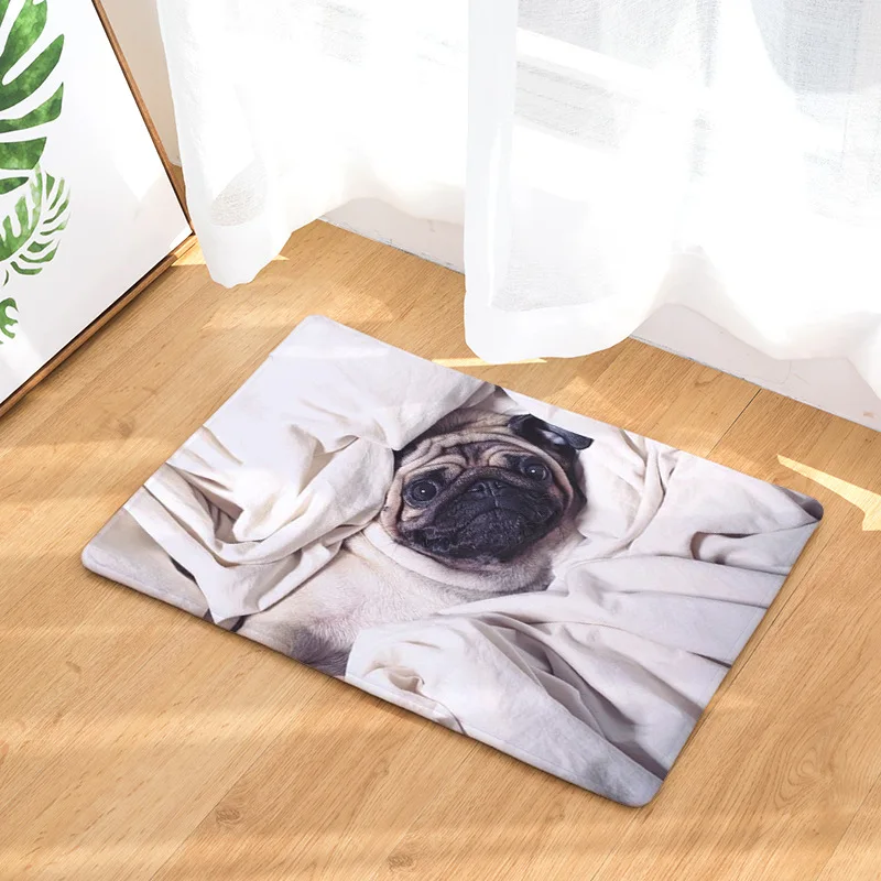 

Cuteness Pug Entry Door Mats Dog Food Indoor Rugs Anniversary Gift For Couples Living Room Decorate Coral Fleece Elegant Carpets