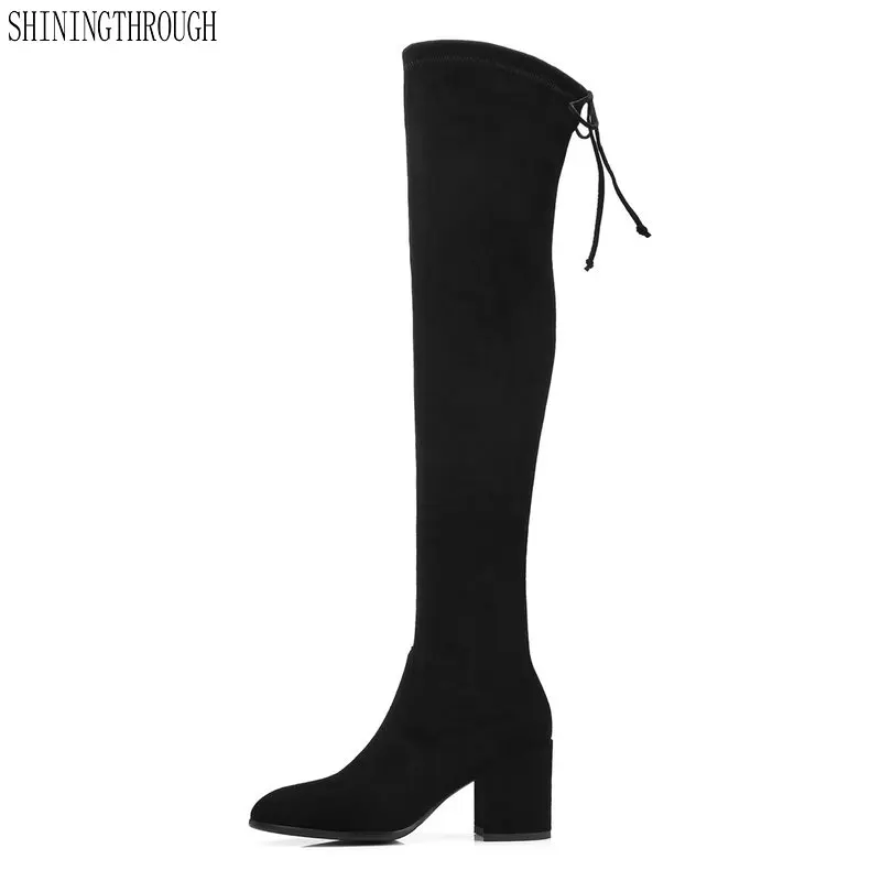 

Over The Kneeboots woman Fall Suede High Heel Chunky Long Stretch Genuine Leather Thigh Navy Shoes Slim Women Boots Quality