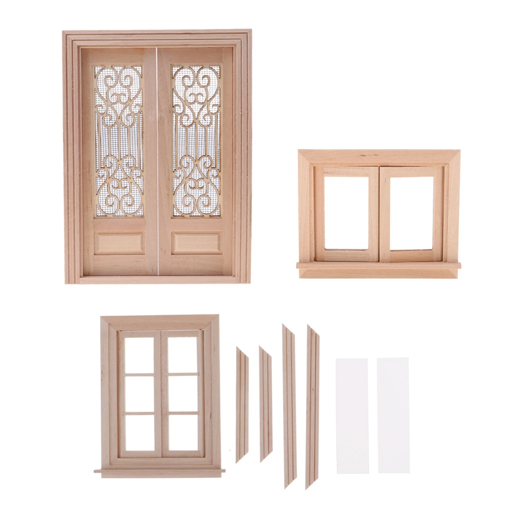 3 Pieces Unpainted Miniature Wooden Door Window 1/12 Dollhouse DIY Decor Accessory