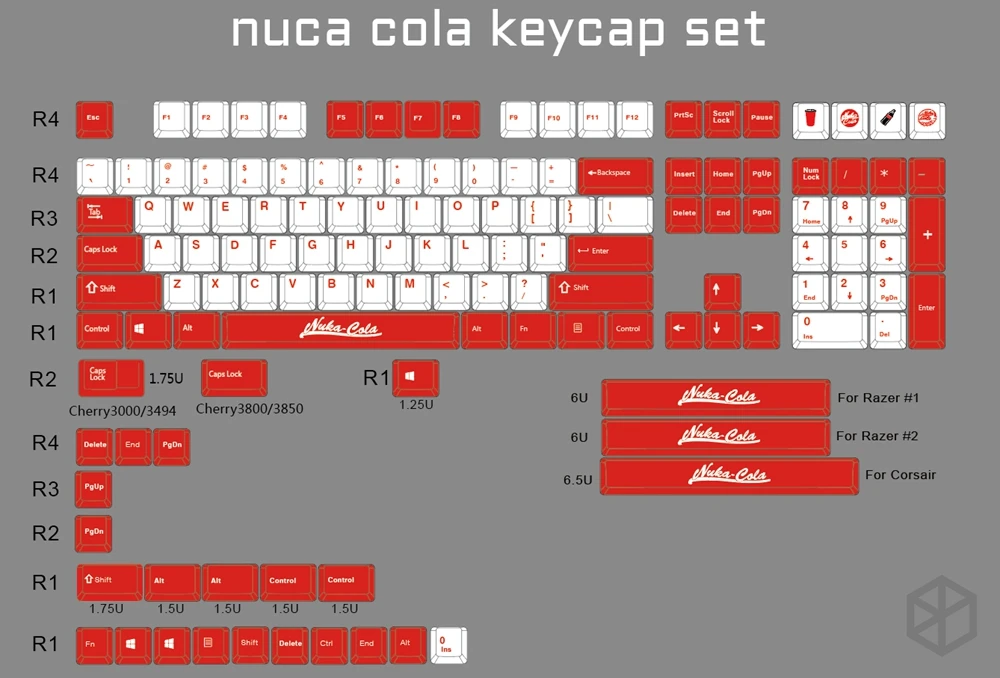 Nuca Cola Fallout Вишневый профиль Keycap набор толстый PBT белый красный лазерный травленый