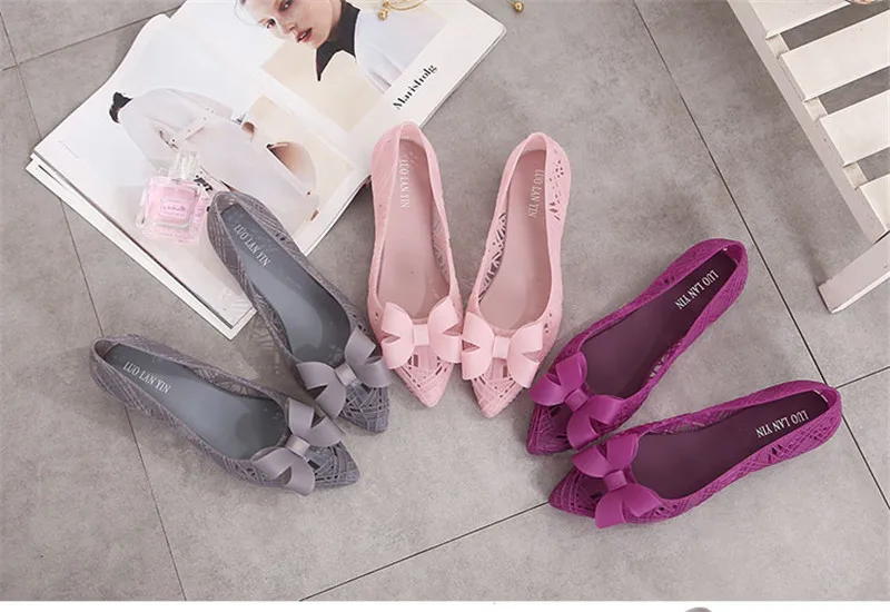 New Women Jelly Shoes Summer Comfortable Flat Beach Sandals  Sweet Bow Quick Dry Hollow Out Waterproof Rain PVC Lady Sandal Shoe (4)