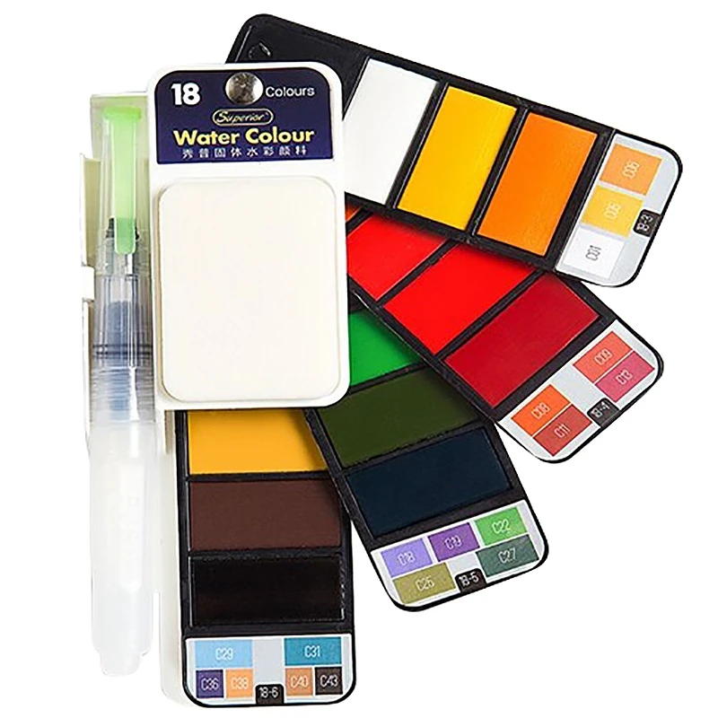 18 colors Превосходные однотонные акварельные краски в наборе с водяная кисть складной дорожный акварельный пигмент для рисования - Цвет: 18 colors