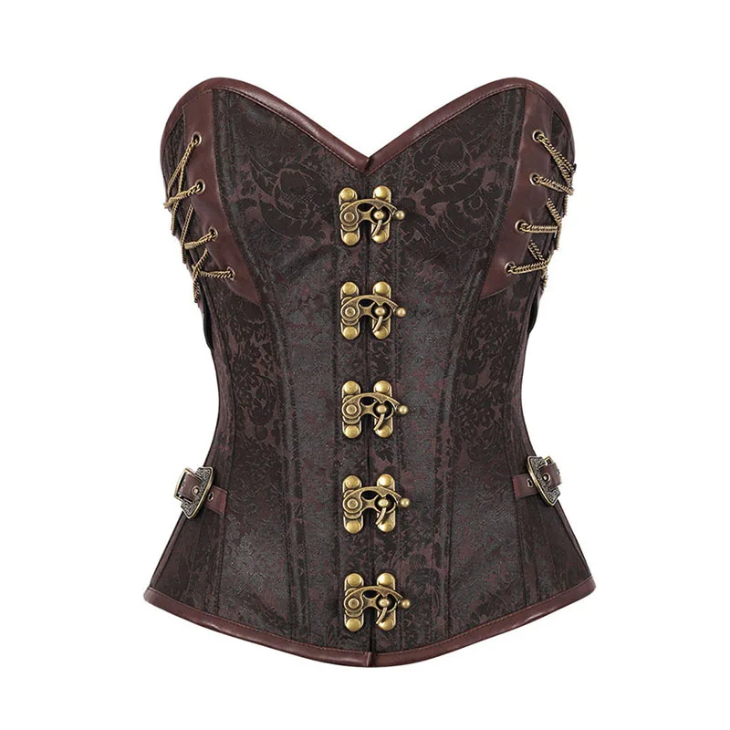 Qiaozhi Women Sexy Lingerie Brown 14 Steel Bone Steampunk Corsets And Bustiers Overbust Corselet 