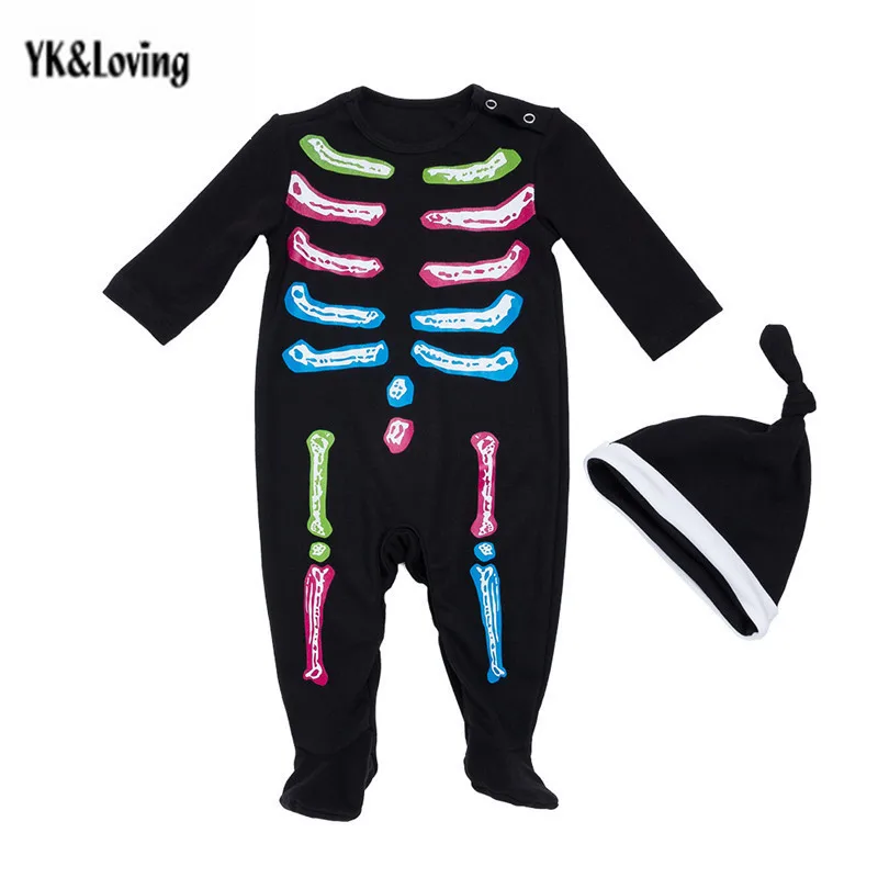 Halloween Baby Footies Funny Bone Printed With Hat Part Baby Boys Costumes Infant Clothes