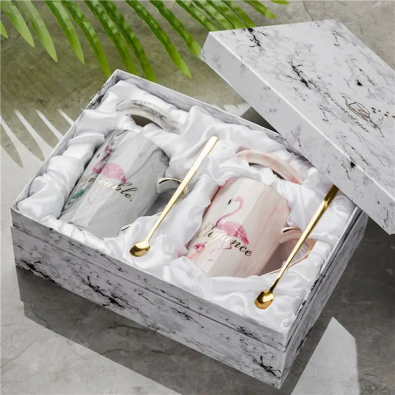 Mr Mrs фламинго, пара чашек и кружек, Подарочная коробка, керамическая кофейная кружка с мраморным узором, домашняя посуда для напитков, подарок для влюбленных, свадебный подарок