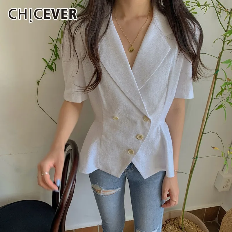 

CHICEVER Summer Elegant Solid Women Blazer Notched Short Sleeve Button High Waist Slim Back Lace Up Female Coat 2019 Korean New