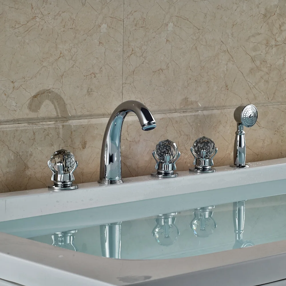 Luxury Deck Mounted Brass Chrome Polish Bath Tub Faucet 5pcs W/Hand