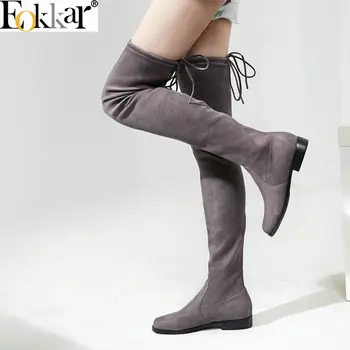 

Eokkar 2019 Women Over The Knee Boots Sexy Women Shoes Low Heels Winter Boots Slip On Round Toe Casual Ladies Shoes Size 34-39