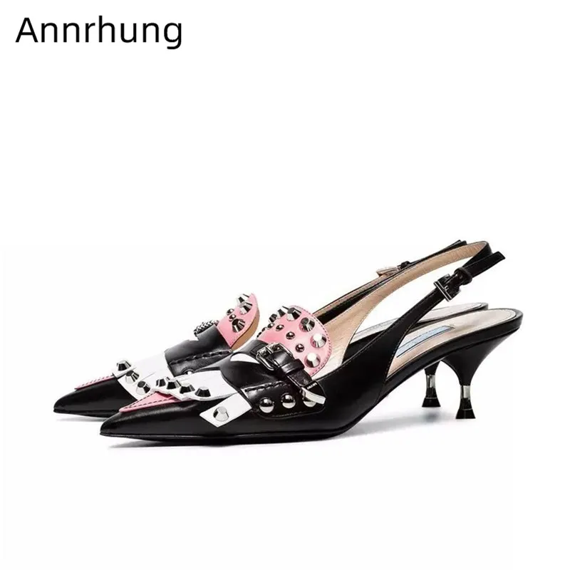 

Fashion Fringe Genuine Leather Sandals Women Concise Pointed Toe Novelty Patchwork Summer Sandals Rivet Kitten Heel Shoes Woman