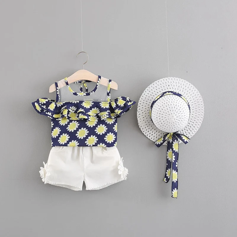 

Summer Kids Girls Set Newborn Baby Girls Floral Print Ruched Tops T-Shirt+White Shorts+Hat 3pcs Outfits Sweet Girls Clothes Sets