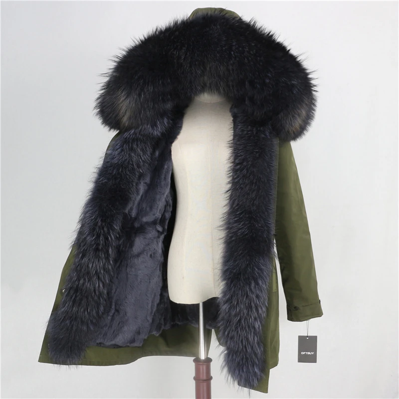 green grey grey E Длинная парка OFTBUY, водонепроницаемая верхняя одежда, пальто с натуральным мехом енота, Воротник из лисьего меха, капюшон, подкладка из кроличьего меха, Толстая теплая уличная одежда - Цвет: green grey grey E
