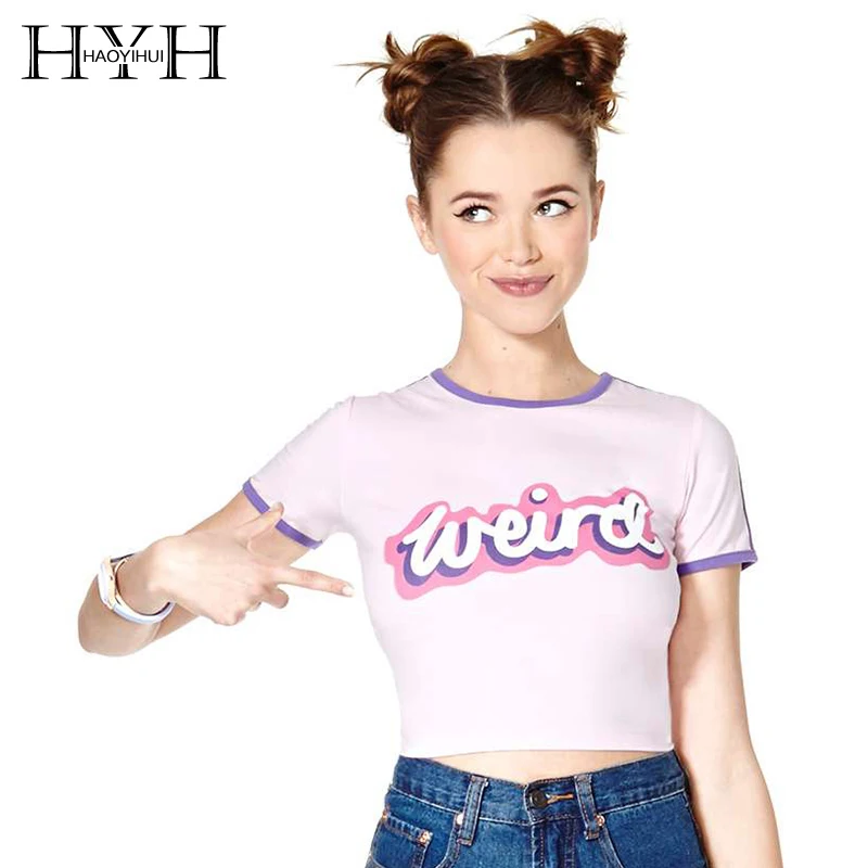 

HYH HAOYIHUI Women Crop Tops New Fashion Letter Printed Contrast Color Weird Lady T-shirt Cute Slim Tees Short Sleeve O-Neck