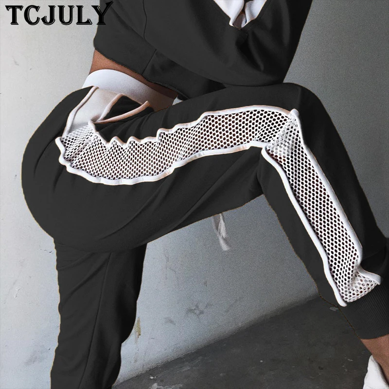 TCJULY уличная одежда с высокой талией сетчатые Брюки с карманами повседневные Черные Брюки для женщин полиэстер Дышащие длинные брюки
