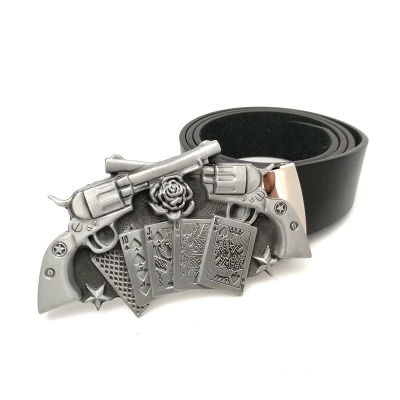 

Belts for men Western style cowboy belt double pistol of gun rose poker flush big metal belt buckle Pu leather belt men