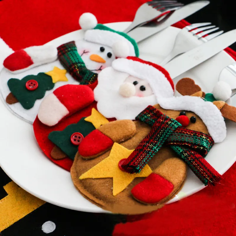 

3 Pieces Christmas Tableware Cover Set Navidad Xmas Santa Claus Tableware Holder Christmas Table Decorations Party Supplies
