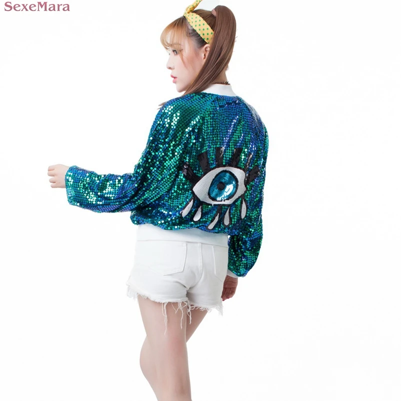 

SexeMara Baseball clothing long sleeves short section large eyes embroidered sequined jacket free shipping