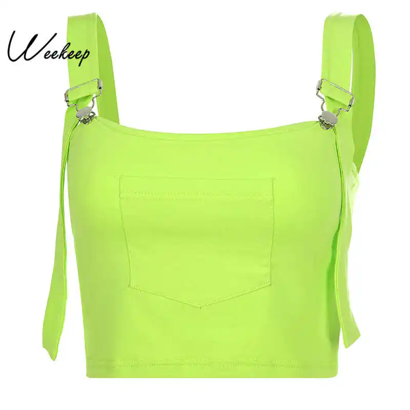 

Weekeep Cropped Fluorescent Green Tank Top Women Sexy Backless Bodycon Crop Top Summer Streetwear Tank Tops Women