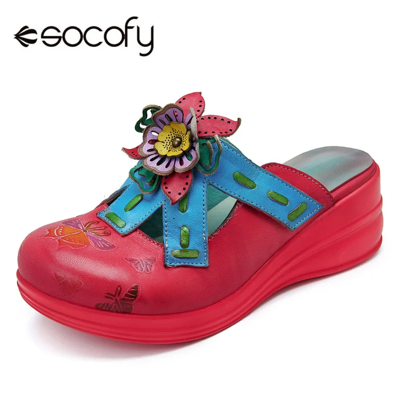

Socofy Platform Slippers Genuine Leather Vintage Handmade Flower Summer Women Shoes Wedge Heels Round Toe Casual Slippers Slides