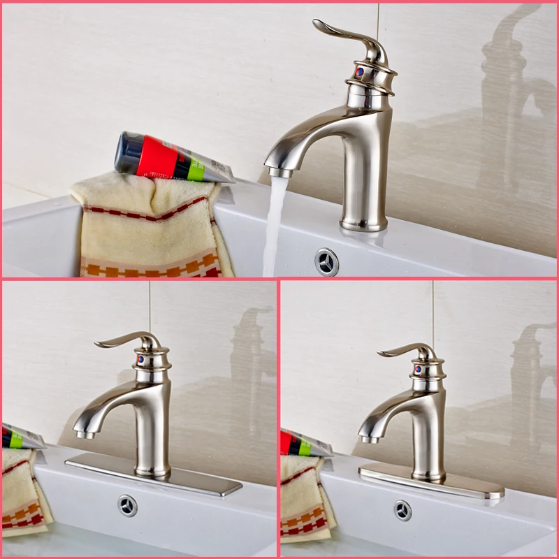 

Nickel Brushed Finished Deck Mounted Bathroom Sink Faucet Vanity Basin Faucet With Cover Plate