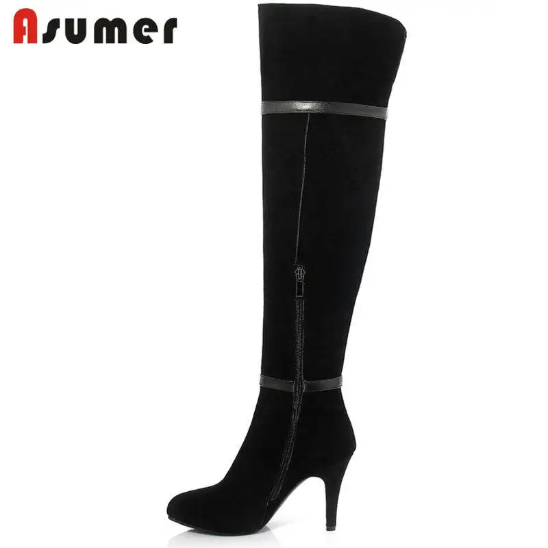 

ASUMER 2018 HOT fashion pointed toe cow suede leather boots stiletto high heels over the knee boots for women zip winter boots