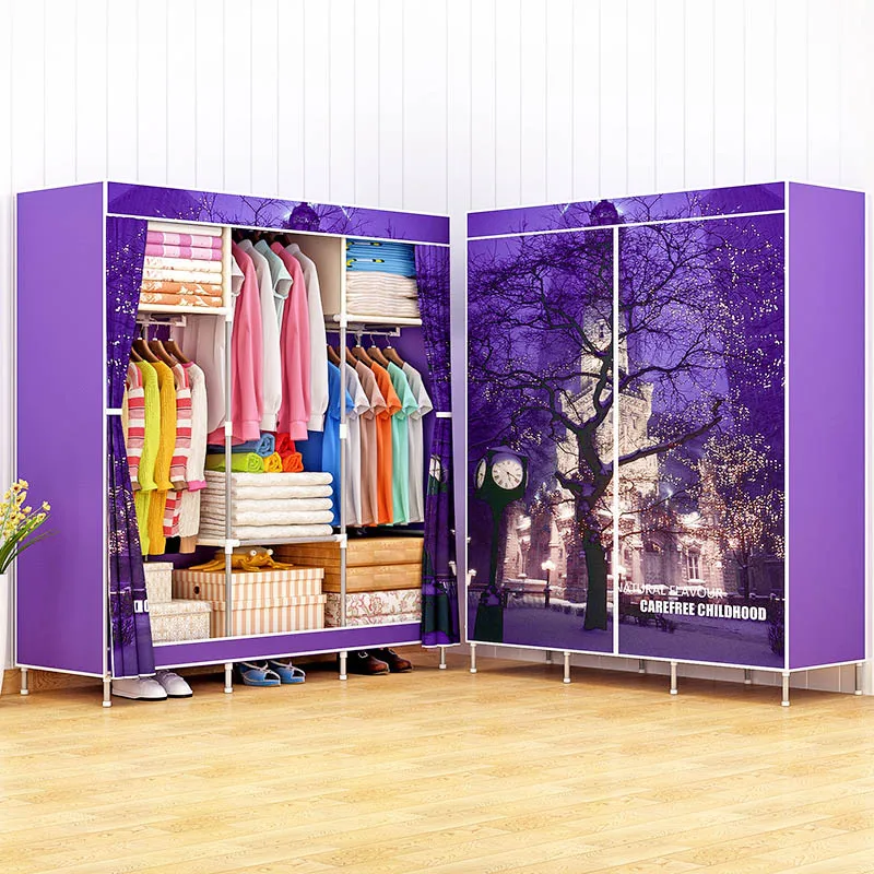 Шкаф для одежды с 3D печатью, нетканый материал, стальная рама, стоячий шкаф для хранения одежды, органайзер, полка, мебель для дома, спальни - Цвет: Purple night stars