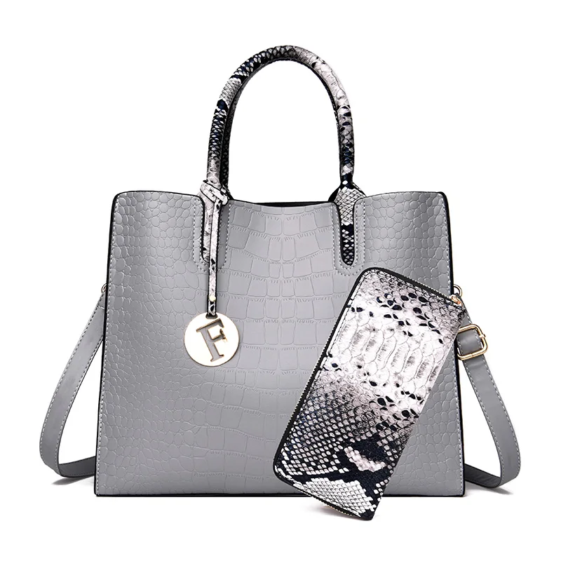 Новая женская сумка с крокодиловым узором, Дизайнерская кожаная женская сумка через плечо, Большая вместительная сумка через плечо для женщин, сумка-тоут+ кошелек - Цвет: Gray-2
