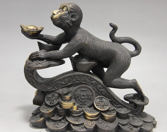 

xd 003426 China bronze copper Zodiac Year Monkey Ru Yi Wealth YuanBao Coin Monkey Statue
