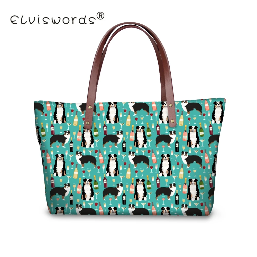 

ELVISWORDS Australian Shepherd Wine Print Women Bags for 2018 Girls Fashion With Leather Purse Handbag Shoulder Bag Bolsos Mujer