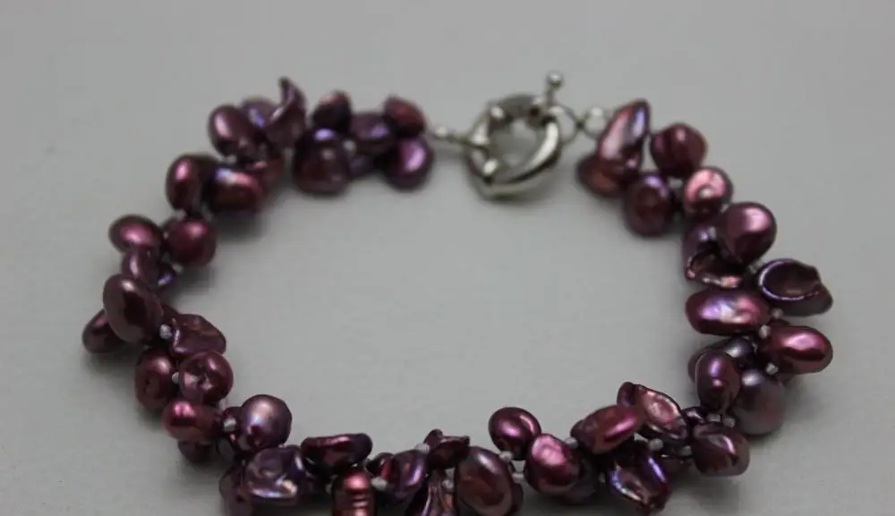 

Hot sell Noble- 2 strands purple keshi reborn pearl bracelet 9INCH 6x9mm"Handmade" Alloy >>free shipping