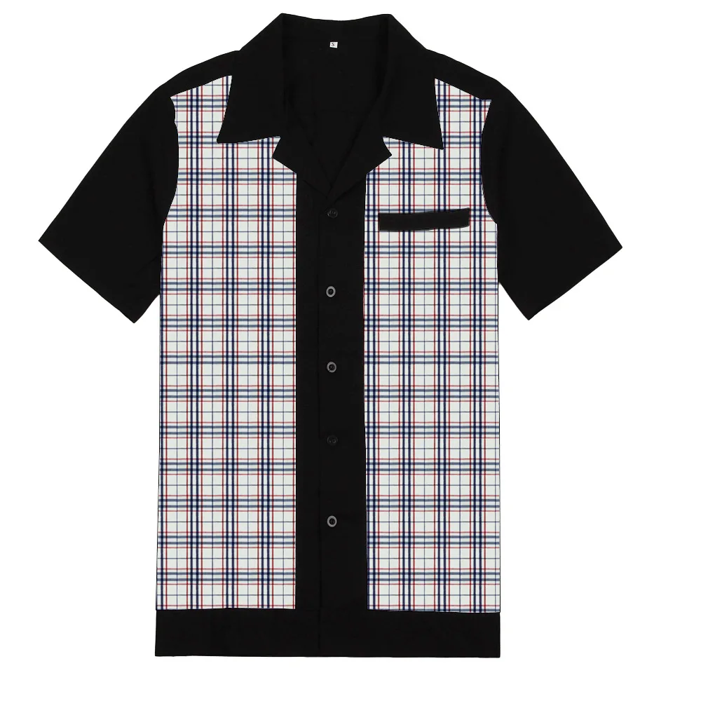 Brand Patchwork Plaid Shirts Men's Blouse Short Sleeve Casual Button Down Shirts Camiseta Retro Hombre Bowling Dress Male Shirts (1)