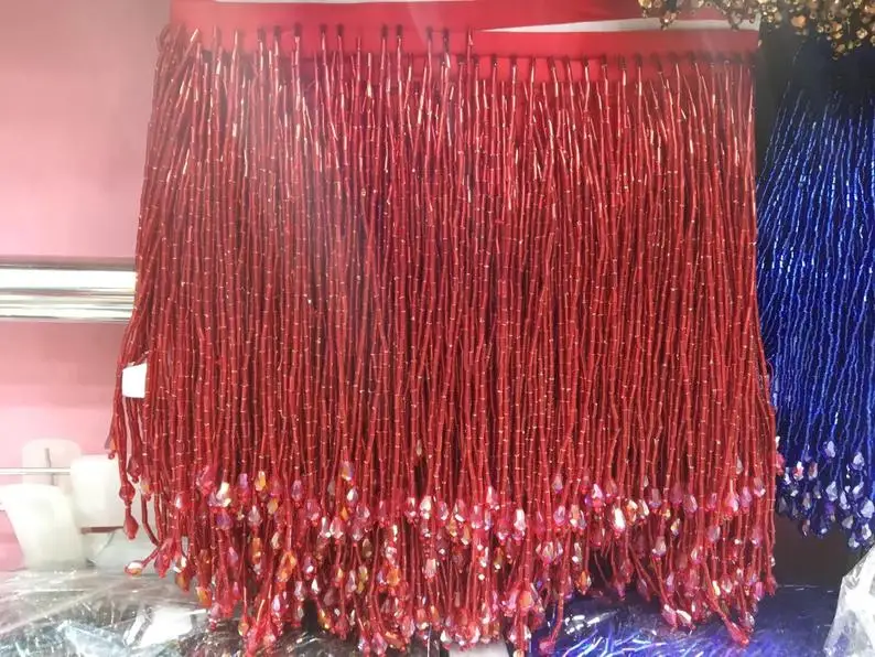 Yulakes Nastro con strass e perline di vetro, nappa, frange con perline di cristallo, frangia per cucito, abbigliamento fai da te, decorazione di nozze, 5,5 cm (nero