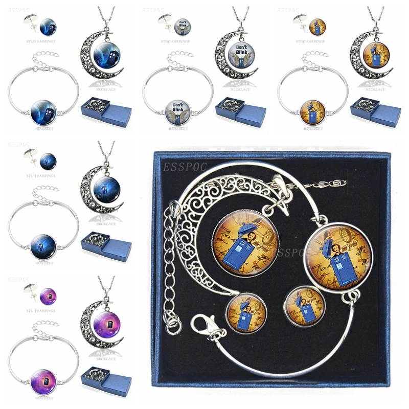

Doctor Who Jewelry Set Tardis Glass Cabochon Crescent Necklace Stud Earrings Charm Bracelets Time Machine Police Box Jewelry Set