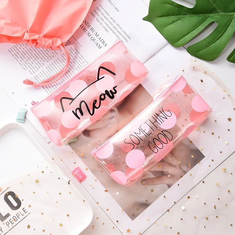 

Pencil Bag Cat Pencilcase PVC Transparent Pink Pencil Case Box Pen Bag For Girls Office School Supplies Novelty Stationery