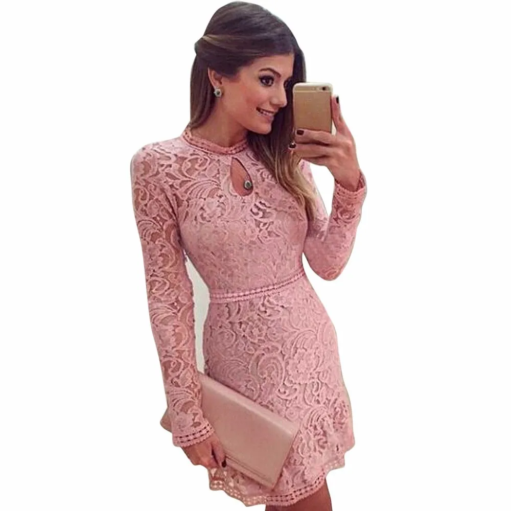 

Dress female Sexy Pink Hollow Lace Long Sleeve Slim Dress Spring Party Dresses Fashion Solid O-Neck Women's dress 2019 #Zero